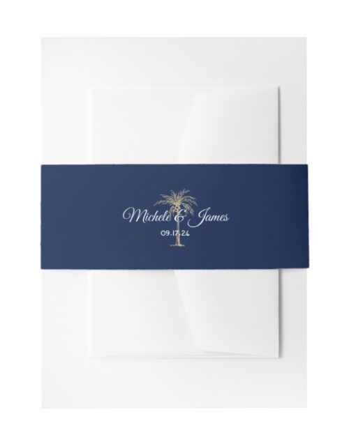 Elegant Navy Blue Gold Palm Tree Modern Wedding Invitation Belly Band