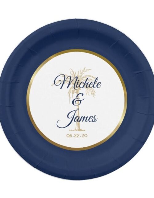 Elegant Navy Blue Gold Palm Tree Modern Wedding Paper Plate