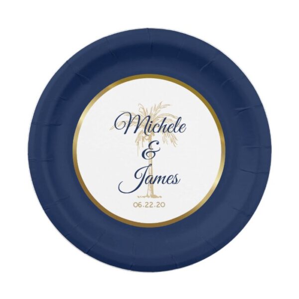 Elegant Navy Blue Gold Palm Tree Modern Wedding Paper Plate