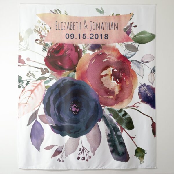 Elegant Navy Burgundy Floral Photo Booth Banner Tapestry