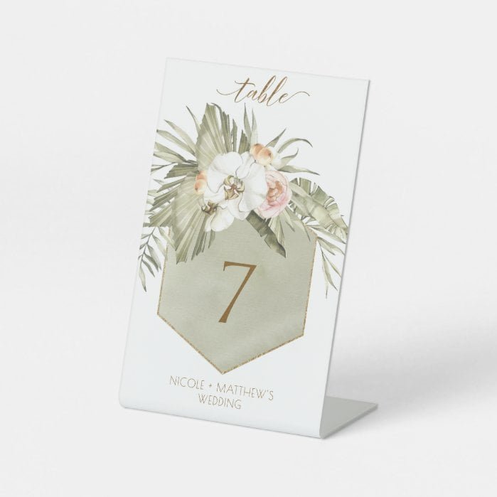 Elegant Palm Leaves Floral Green Table Number Pedestal Sign