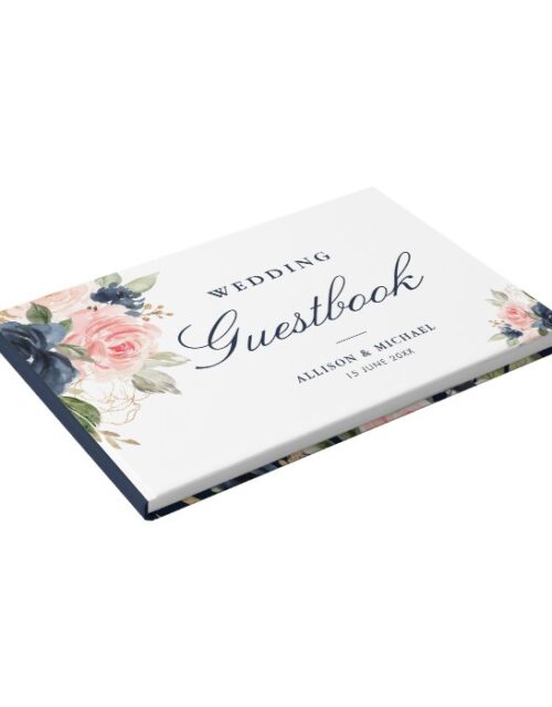 Elegant pink blush & navy floral wedding guestbook