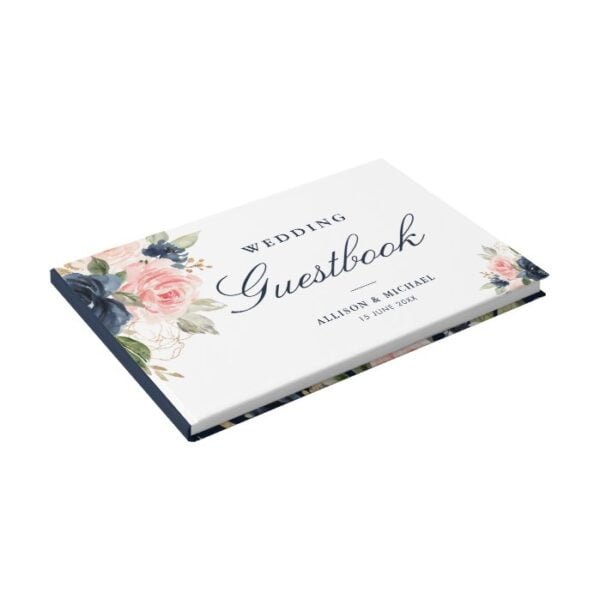 Elegant pink blush & navy floral wedding guestbook