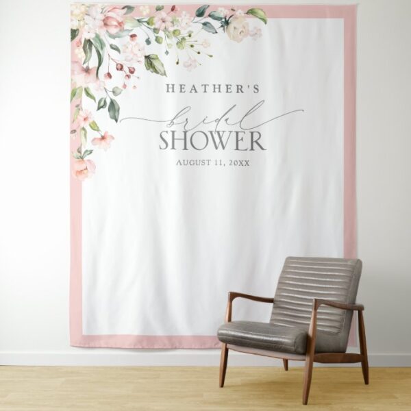Elegant Pink Watercolor Floral Shower Photo Booth Tapestry