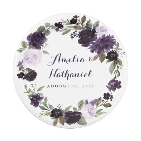 Elegant Purple and Gold Green Leaf Floral Wedding Paper Plate