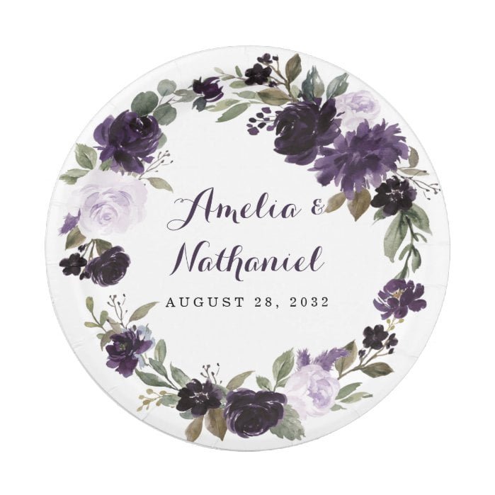 Elegant Purple and Gold Green Leaf Floral Wedding Paper Plate