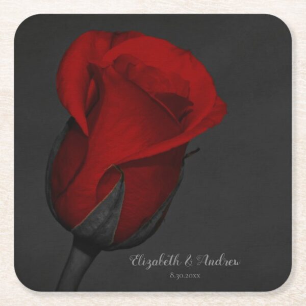 Elegant Red Rose Floral Party Or Wedding Square Paper Coaster