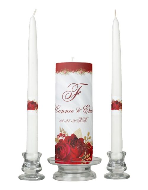 Elegant Red White and Gold Floral Monogram Wedding Unity Candle Set