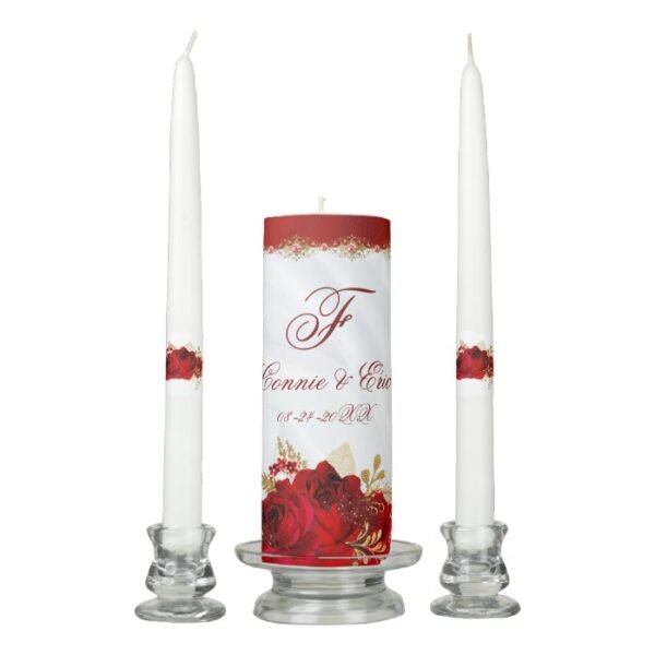 Elegant Red White and Gold Floral Monogram Wedding Unity Candle Set