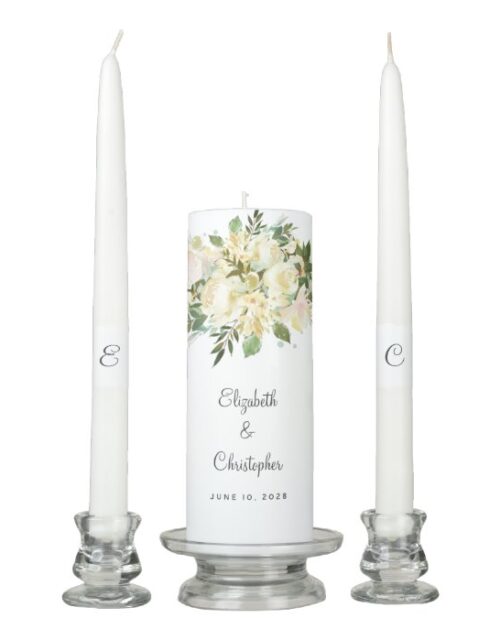 Elegant Rose Floral Bride & Groom Wedding Date Unity Candle Set
