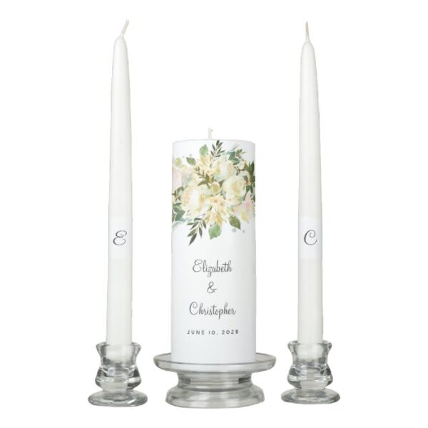 Elegant Rose Floral Bride & Groom Wedding Date Unity Candle Set