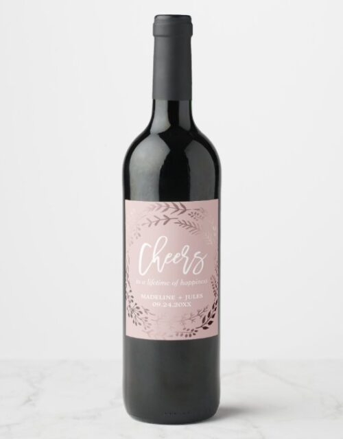 Elegant Rose Gold and Pink "Cheers" Wedding Wine Label