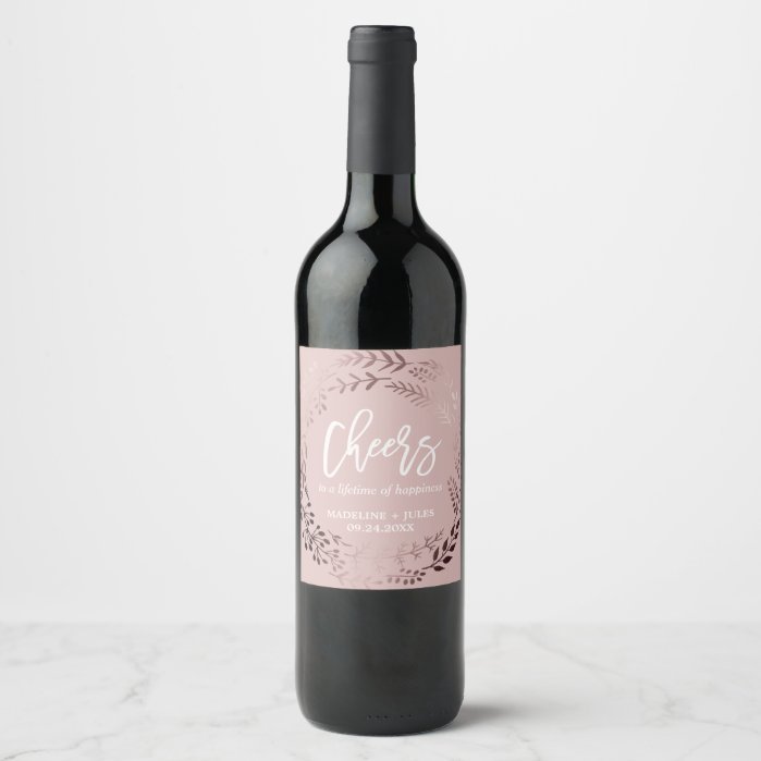 Elegant Rose Gold and Pink "Cheers" Wedding Wine Label