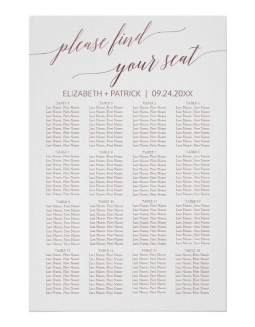 Elegant Rose Gold Calligraphy Seating Chart