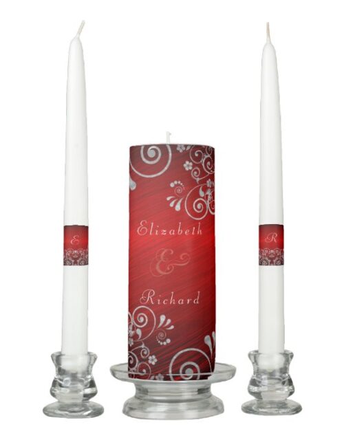 Elegant Ruby Red Silver Gray Swirls Wedding Unity Candle Set