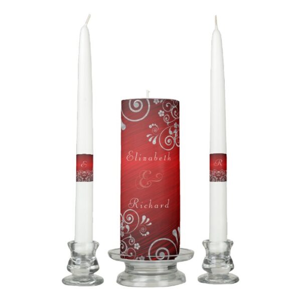 Elegant Ruby Red Silver Gray Swirls Wedding Unity Candle Set