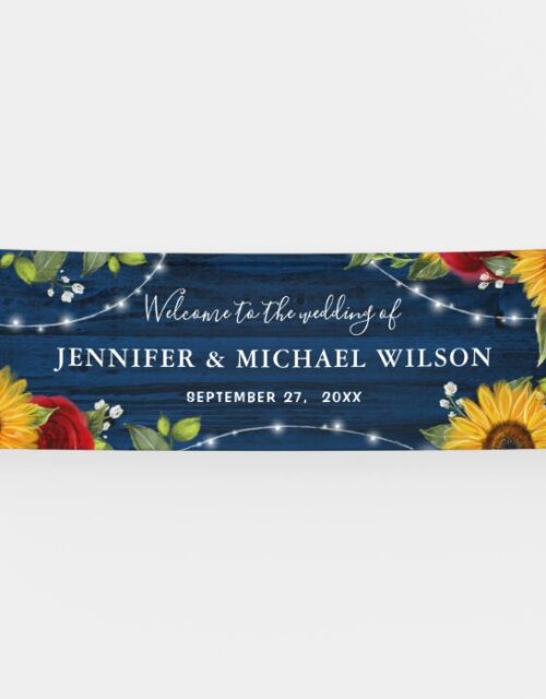 Elegant Rustic Navy Sunflower Rose Welcome Wedding Banner