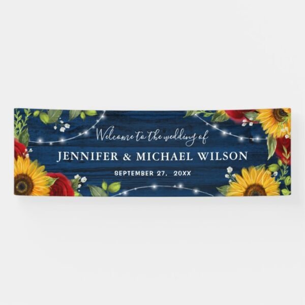 Elegant Rustic Navy Sunflower Rose Welcome Wedding Banner