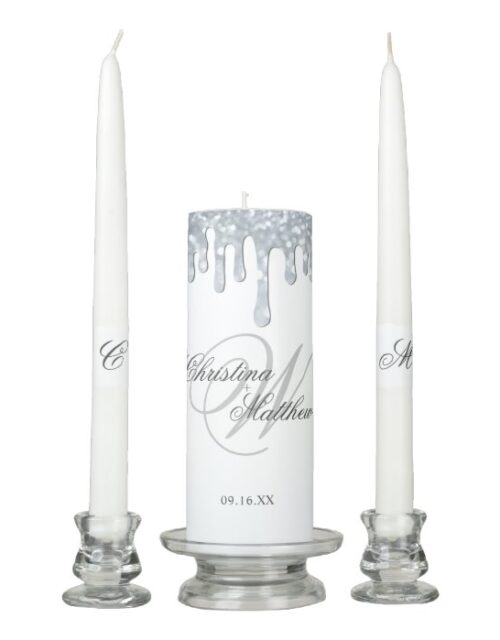 Elegant Script Monogram Sparkle Drip Wedding Unity Candle Set