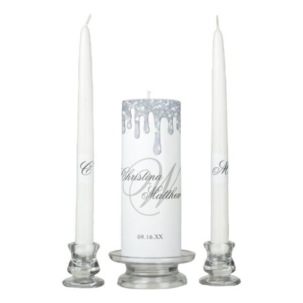 Elegant Script Monogram Sparkle Drip Wedding Unity Candle Set