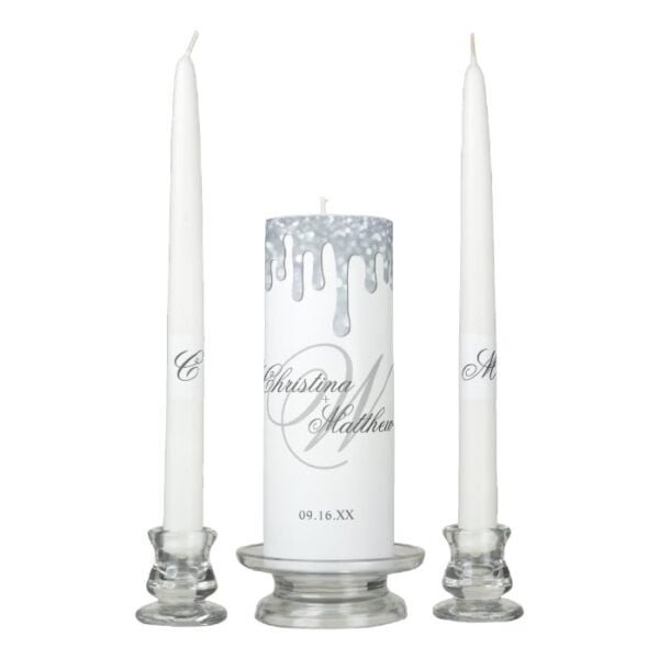 Elegant Script Monogram Sparkle Drip Wedding Unity Candle Set