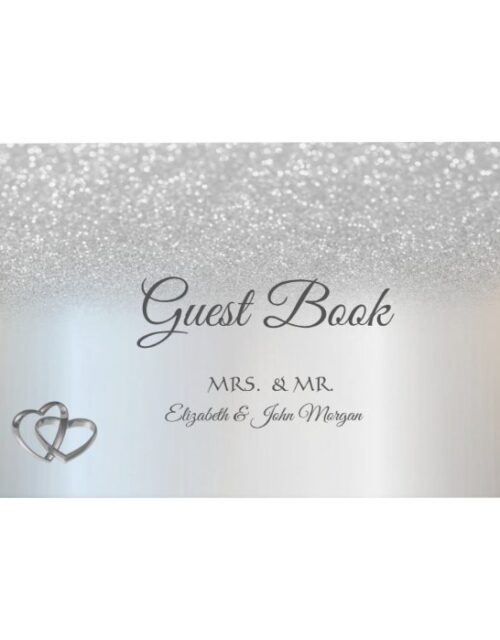 Elegant Silver Glitter Bokeh Hearts Wedding Guest Book