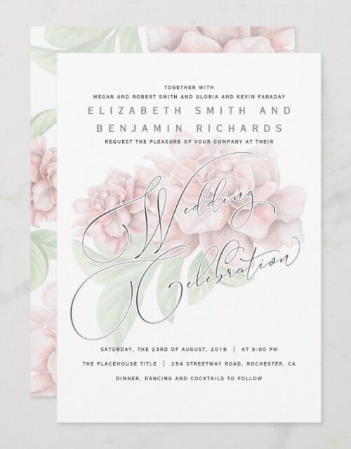 Elegant Soft Pink Peony Floral Typography Wedding Invitation