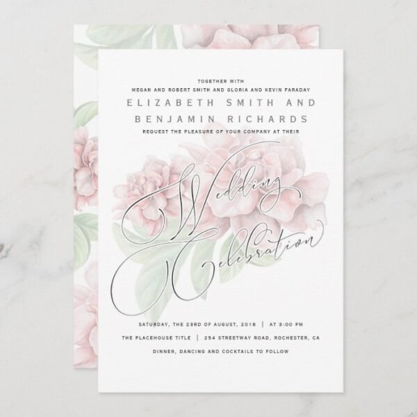 Elegant Soft Pink Peony Floral Typography Wedding Invitation