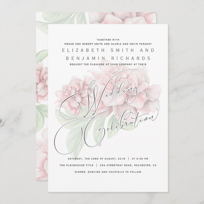Elegant Soft Pink Peony Floral Typography Wedding Invitation