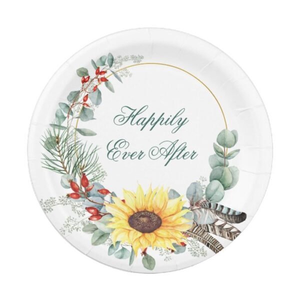 Elegant Sunflowers Eucalyptus Boho Foliage Wedding Paper Plate