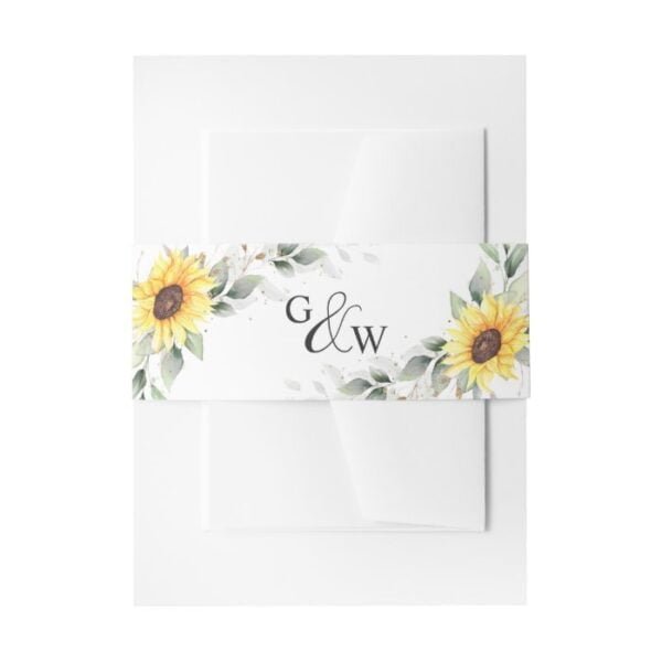 Elegant Sunflowers Watercolor Greenery Wedding Invitation Belly Band