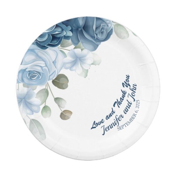 Elegant Watercolor Blue Roses Floral Wedding Paper Plate