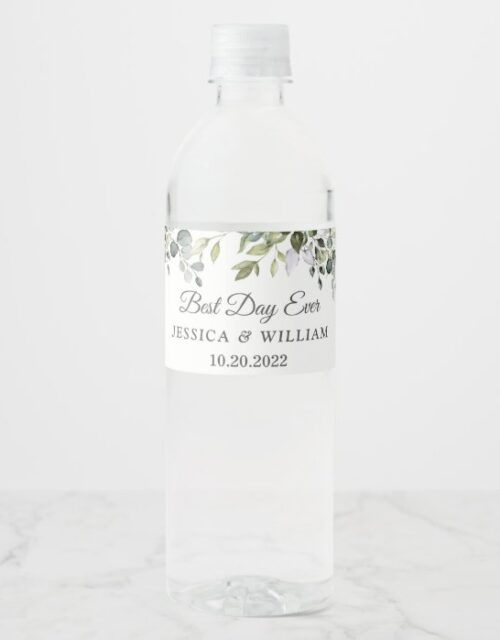 Elegant Watercolor Eucalyptus Best Day Ever Water Bottle Label