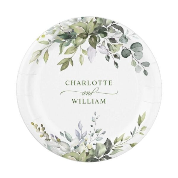 Elegant Watercolor Eucalyptus Wedding Party Paper Plate