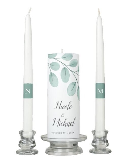 Elegant Watercolor Eucalyptus Wedding Unity Candle Set