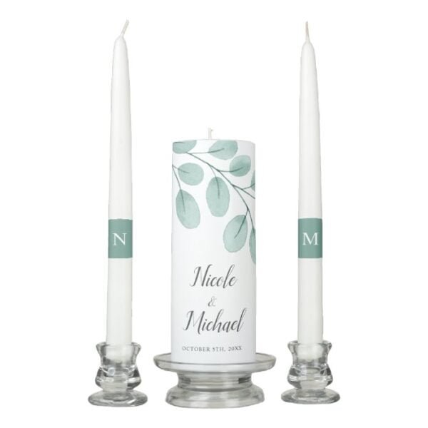 Elegant Watercolor Eucalyptus Wedding Unity Candle Set