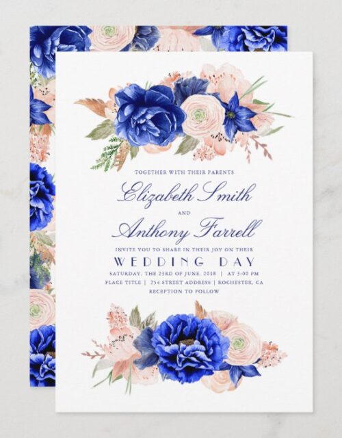 Elegant Watercolor Floral Wreath Navy Blue Wedding Invitation