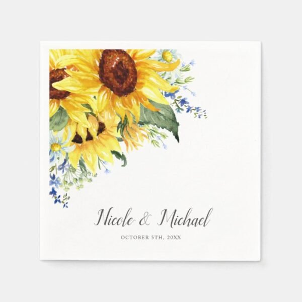 Elegant Watercolor Sunflowers Personalized Wedding Napkins