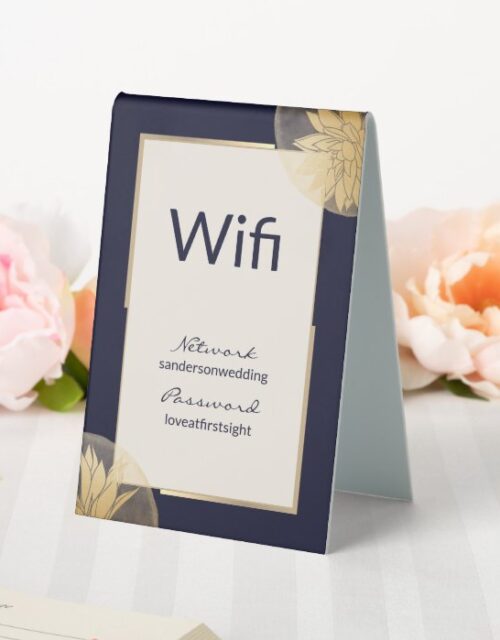 Elegant Wedding Wifi Details Navy Blue Gold Table Tent Sign