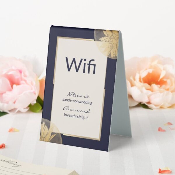 Elegant Wedding Wifi Details Navy Blue Gold Table Tent Sign