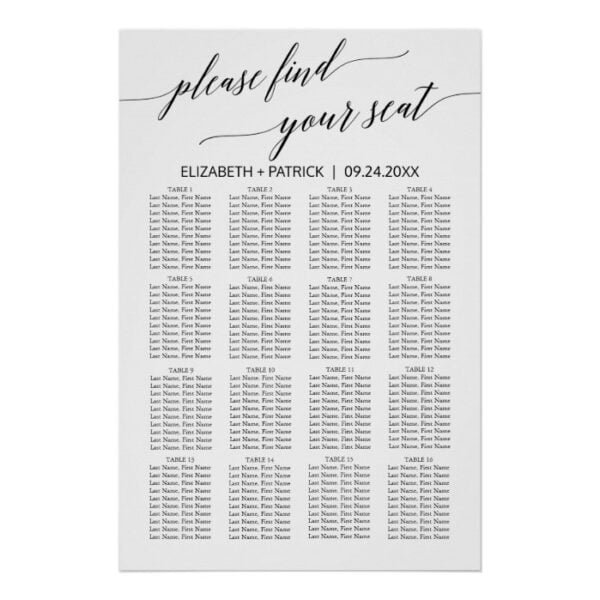 Elegant White and Black Calligraphy Seating Chart