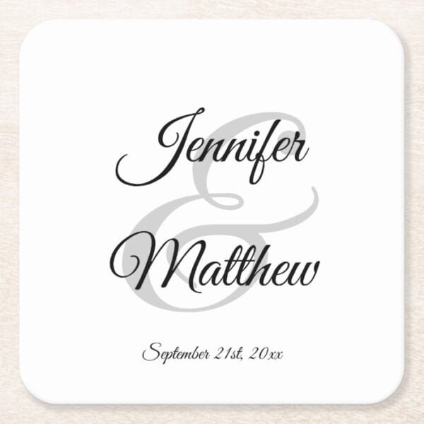 Elegant White Black Wedding gift favors - Monogram Square Paper Coaster