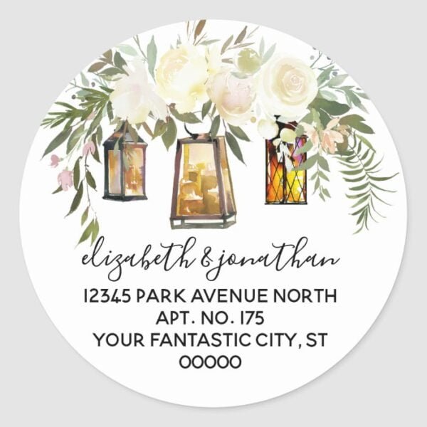 Elegant White Peonies & Lanterns Return Address Classic Round Sticker