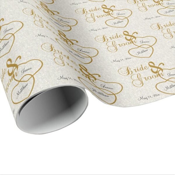 Elegant White Wedding Confetti and Gold Lettering Wrapping Paper