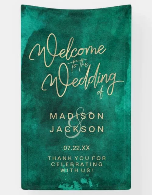 Emerald Green Watercolor & Gold Wedding Welcome Banner
