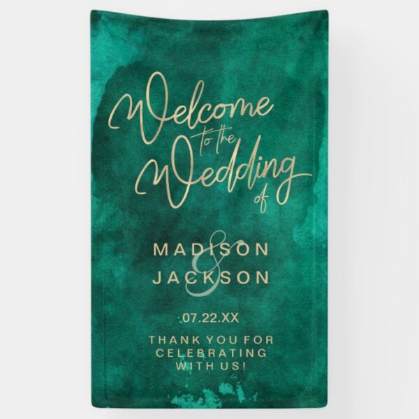 Emerald Green Watercolor & Gold Wedding Welcome Banner