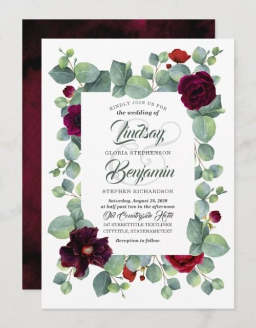 Eucalyptus | Burgundy Floral Chic Modern Wedding Invitation