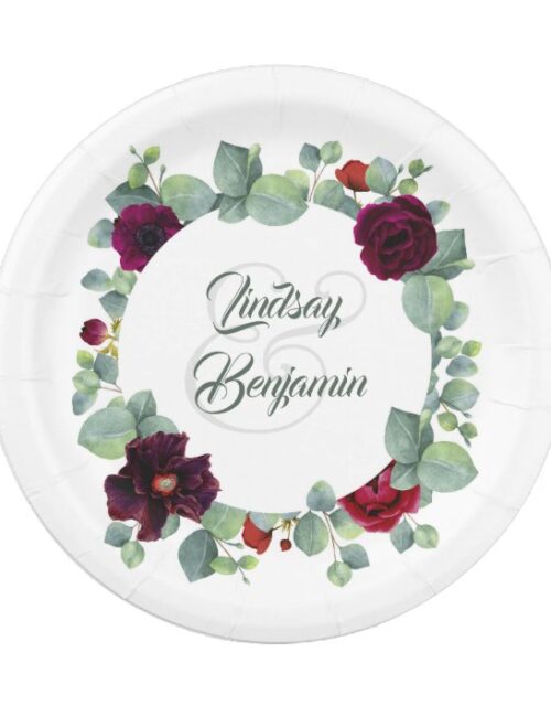 Eucalyptus Burgundy Red Flowers Greenery Wedding Paper Plate
