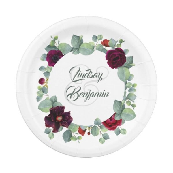 Eucalyptus Burgundy Red Flowers Greenery Wedding Paper Plate