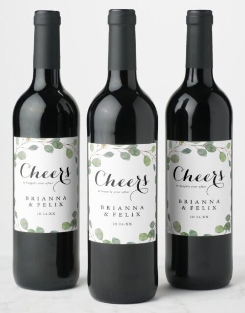 Eucalyptus Calligraphy Cheers Wedding Wine Labels